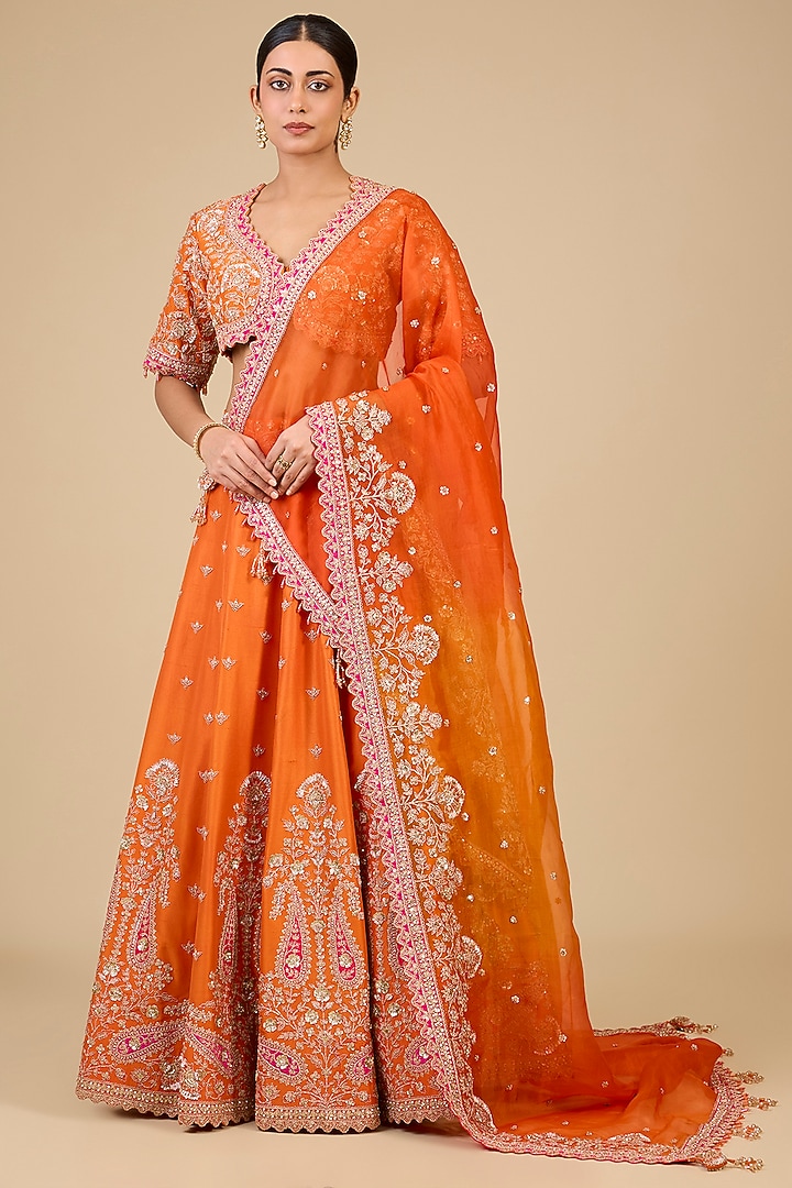 Kesari Yellow Dupion Silk Mukesh Embroidered Bridal Lehenga Set by SURBHI SHAH at Pernia's Pop Up Shop