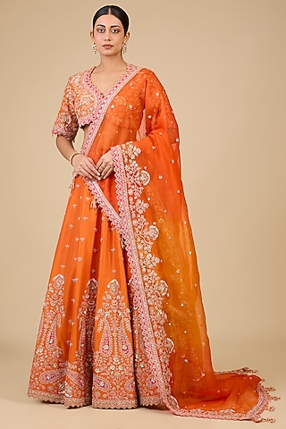 Kesari Yellow Dupion Silk Mukesh Embroidered Lehenga Set by SURBHI SHAH