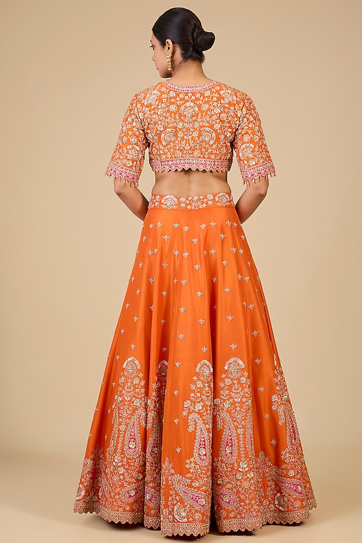 Kesari Yellow Dupion Silk Mukesh Embroidered Bridal Lehenga Set by SURBHI SHAH at Pernia's Pop Up Shop