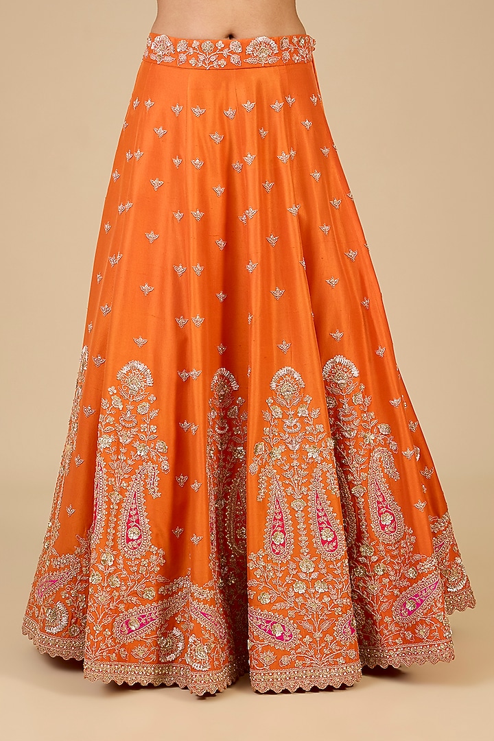 Kesari Yellow Dupion Silk Mukesh Embroidered Bridal Lehenga Set by SURBHI SHAH at Pernia's Pop Up Shop