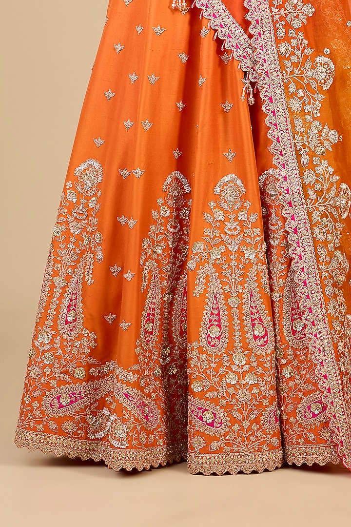 Kesari Yellow Dupion Silk Mukesh Embroidered Bridal Lehenga Set by SURBHI SHAH at Pernia's Pop Up Shop