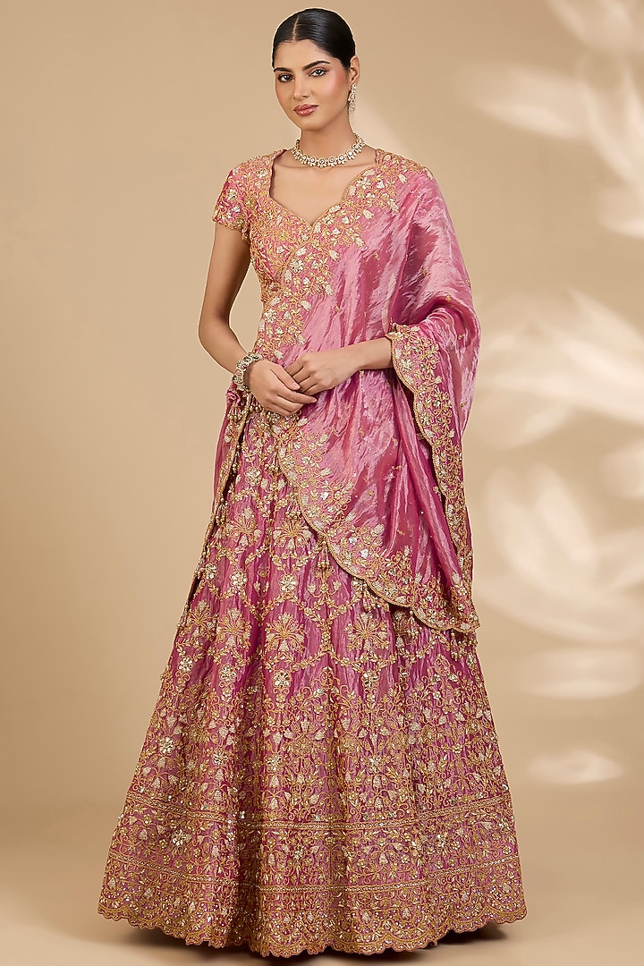 Pink Tissue Marori & Mukaish Work Bridal Lehenga Set by SURBHI SHAH at Pernia's Pop Up Shop