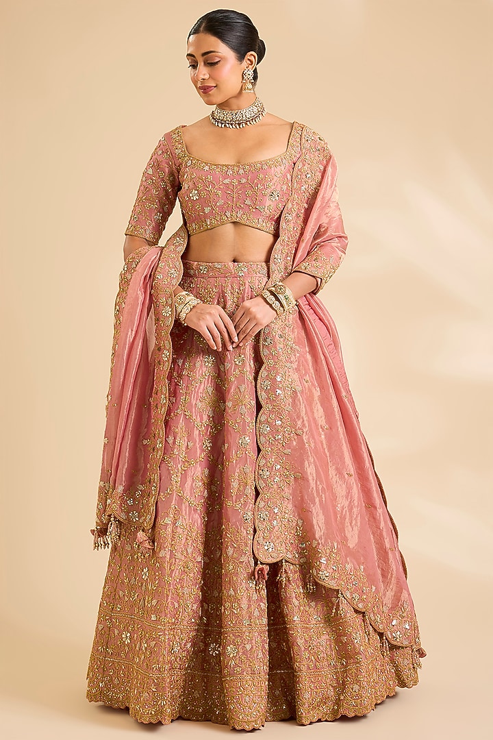 Rose Gold Tissue Marori & Mukaish Work Bridal Bridal Lehenga Set by SURBHI SHAH at Pernia's Pop Up Shop