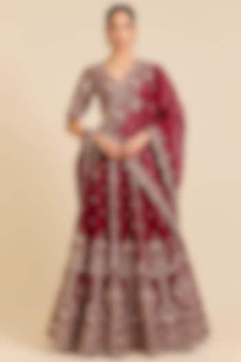 Maroon Dupion Silk Sequins Embroidered Bridal Lehenga Set by SURBHI SHAH at Pernia's Pop Up Shop