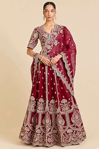Maroon Dupion Silk Sequins Embroidered Lehenga Set by SURBHI SHAH