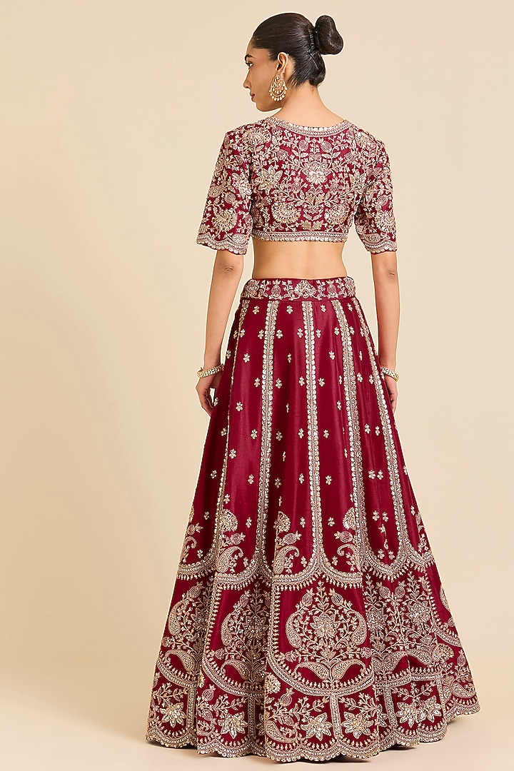 Maroon Dupion Silk Sequins Embroidered Bridal Lehenga Set by SURBHI SHAH at Pernia's Pop Up Shop
