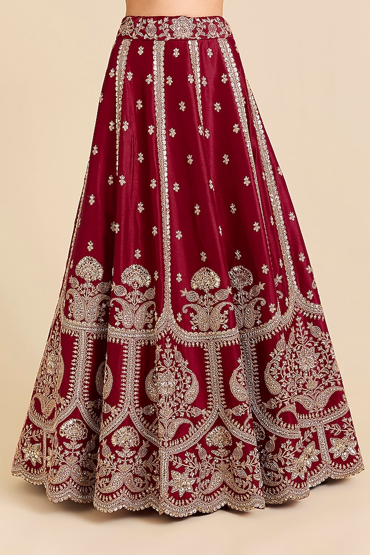 Maroon Dupion Silk Sequins Embroidered Bridal Lehenga Set by SURBHI SHAH at Pernia's Pop Up Shop