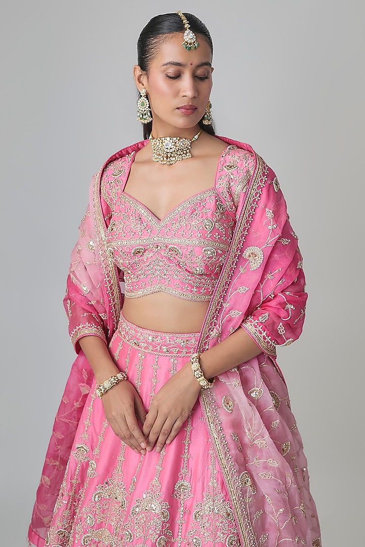 Blush Pink Dupion Silk Marori & Mukaish Work Bridal Lehenga Set by Surbhi Shah at Pernia's Pop Up Shop