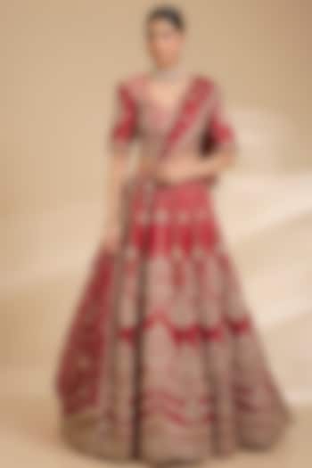 Desi Red Dupion Silk Marori Work Bridal Lehenga Set by Surbhi Shah at Pernia's Pop Up Shop