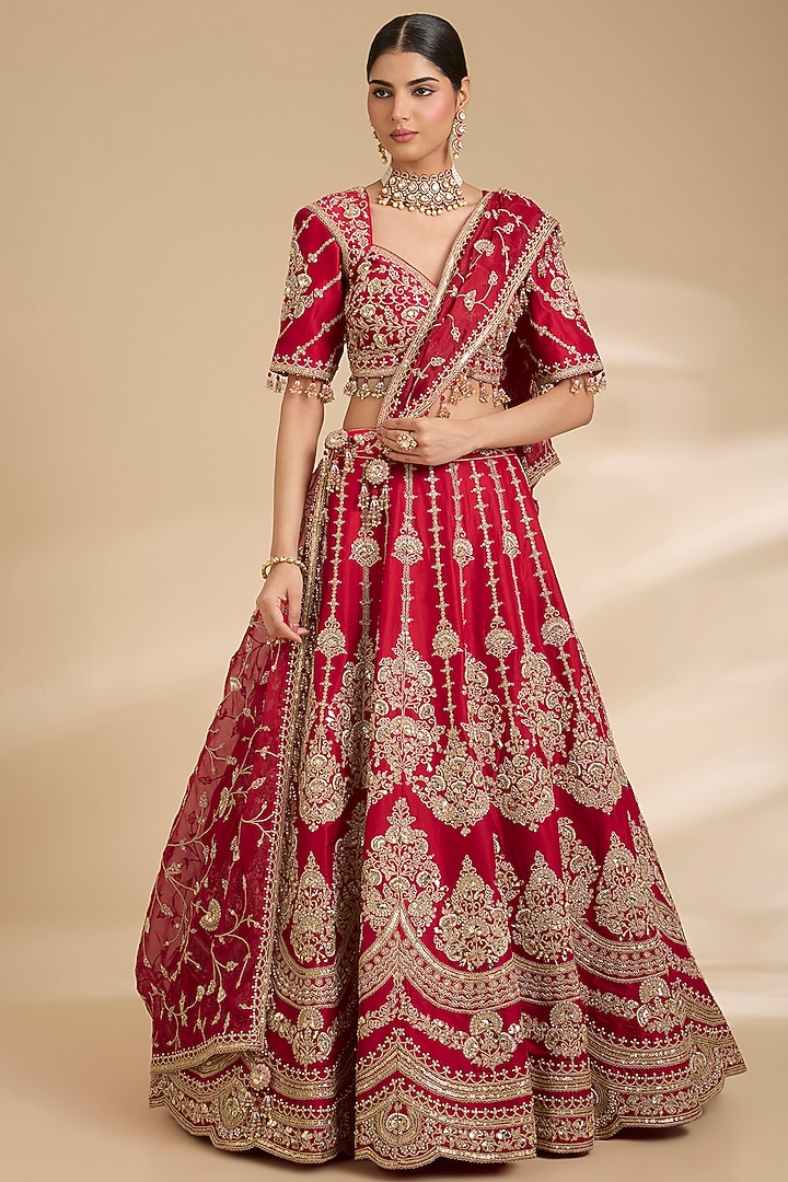Desi Red Dupion Silk Marori Work Bridal Lehenga Set by Surbhi Shah at Pernia's Pop Up Shop