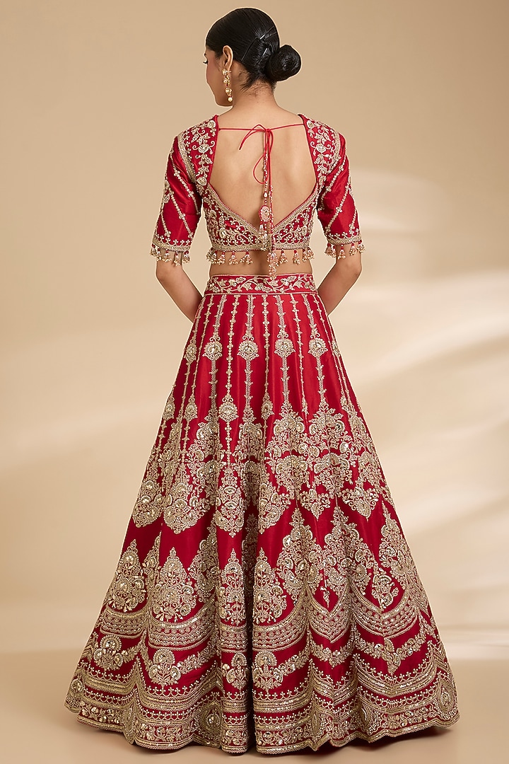 Desi Red Dupion Silk Marori Work Bridal Lehenga Set by Surbhi Shah at Pernia's Pop Up Shop