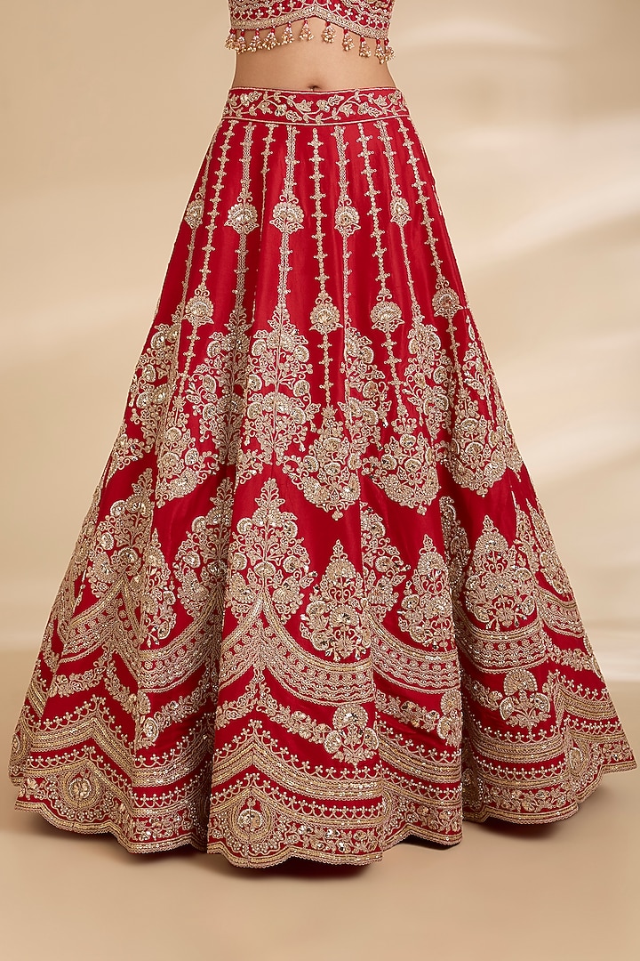 Desi Red Dupion Silk Marori Work Bridal Lehenga Set by Surbhi Shah at Pernia's Pop Up Shop