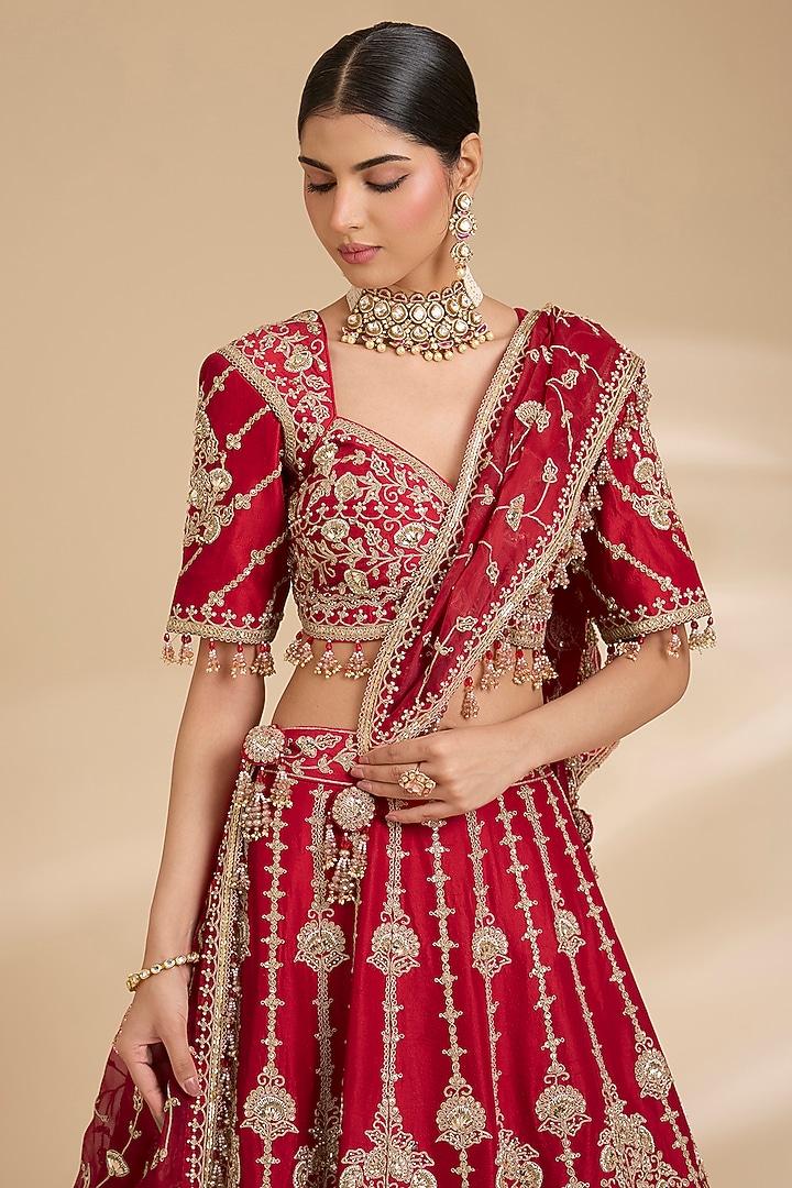 Desi Red Dupion Silk Marori Work Bridal Lehenga Set by Surbhi Shah at Pernia's Pop Up Shop