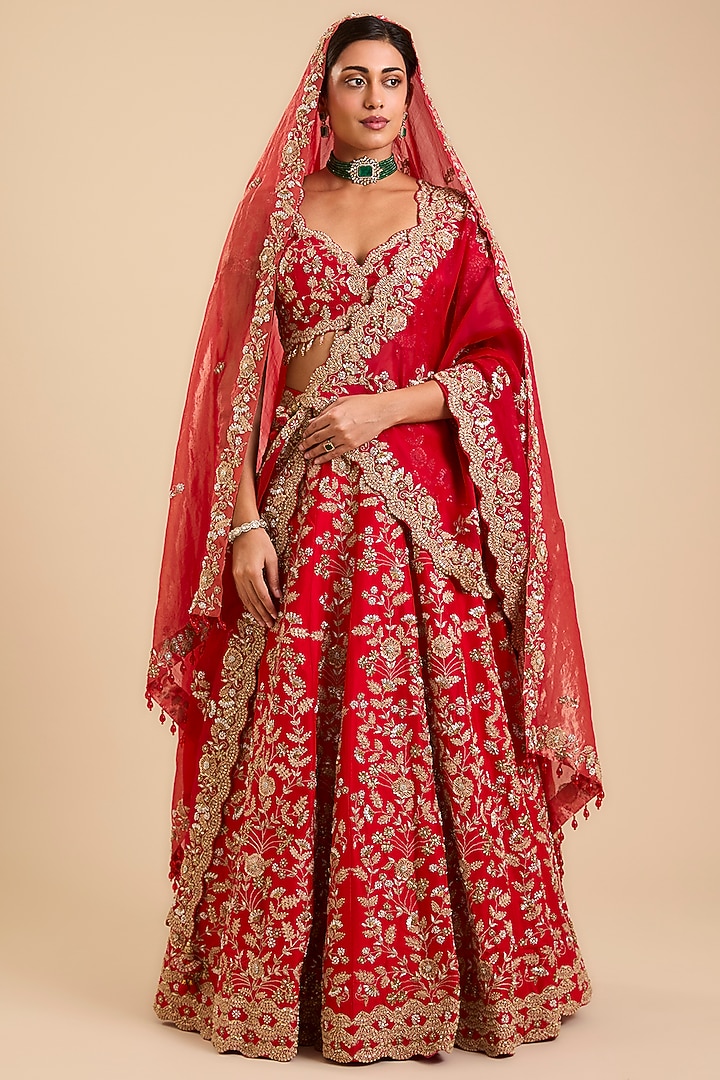 Red Dupion Silk Marori & Zardosi Embroidered Bridal Lehenga Set by SURBHI SHAH at Pernia's Pop Up Shop