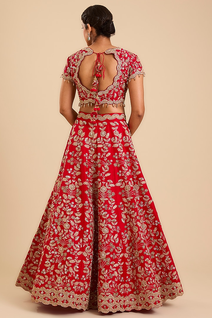 Red Dupion Silk Marori & Zardosi Embroidered Bridal Lehenga Set by SURBHI SHAH at Pernia's Pop Up Shop