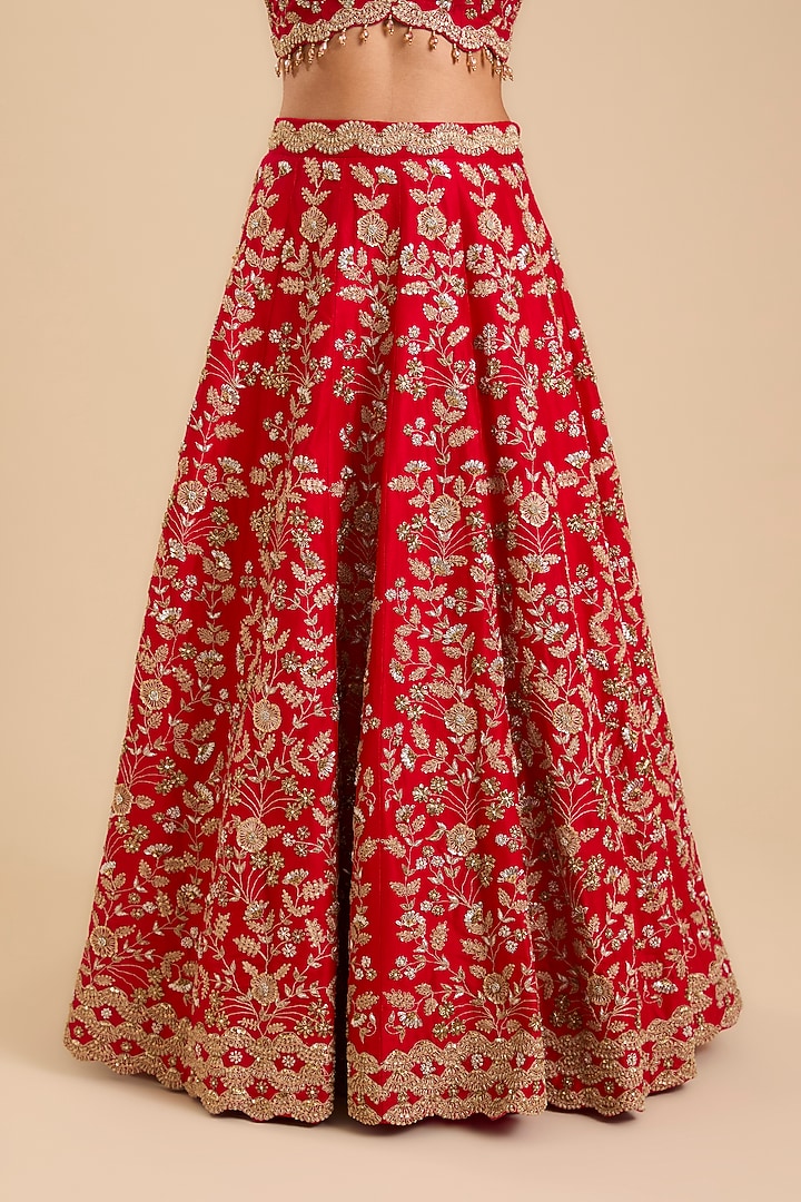 Red Dupion Silk Marori & Zardosi Embroidered Bridal Lehenga Set by SURBHI SHAH at Pernia's Pop Up Shop