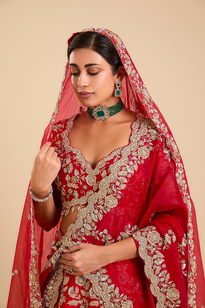 Red Dupion Silk Marori & Zardosi Embroidered Bridal Lehenga Set by SURBHI SHAH at Pernia's Pop Up Shop