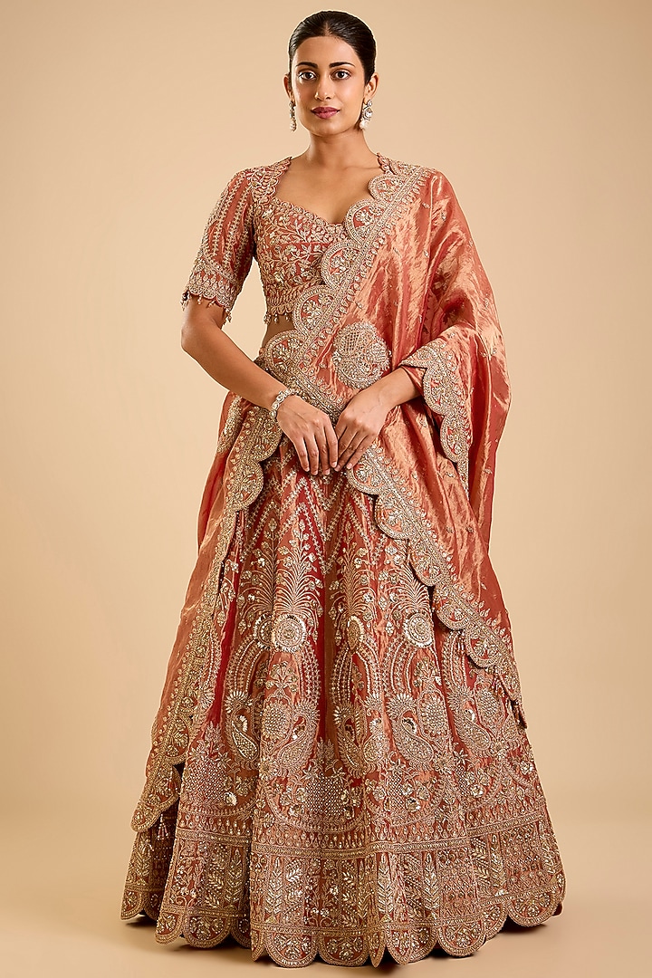 Orange Tissue Marori Embroidered Bridal Lehenga Set by SURBHI SHAH at Pernia's Pop Up Shop