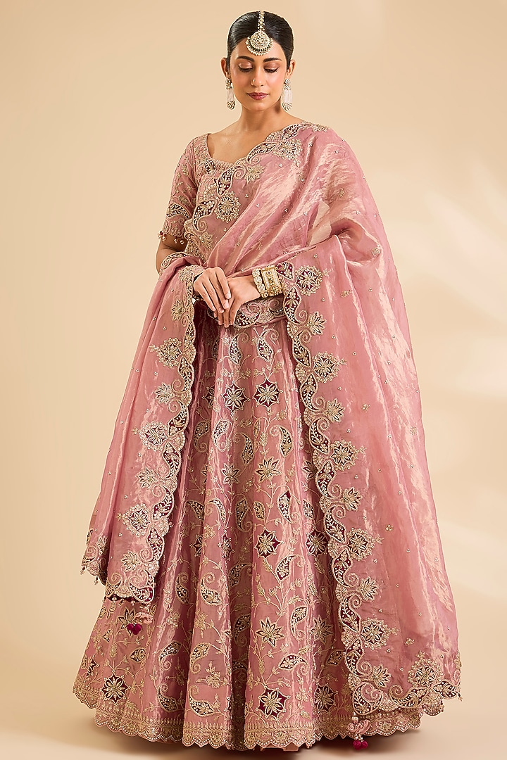 Pink Tissue Marori & Patch Work Bridal Bridal Lehenga Set by SURBHI SHAH at Pernia's Pop Up Shop
