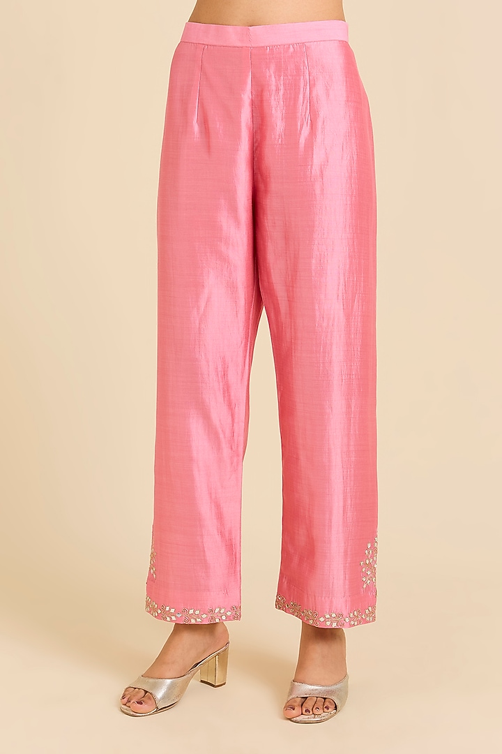 Raspberry Pink Spun Silk Mirror Embroidered Kurta Set by SURBHI SHAH at Pernia's Pop Up Shop
