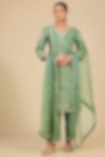 Powder Sage Green Spun Silk Mirror Embroidered Kurta Set by SURBHI SHAH at Pernia's Pop Up Shop