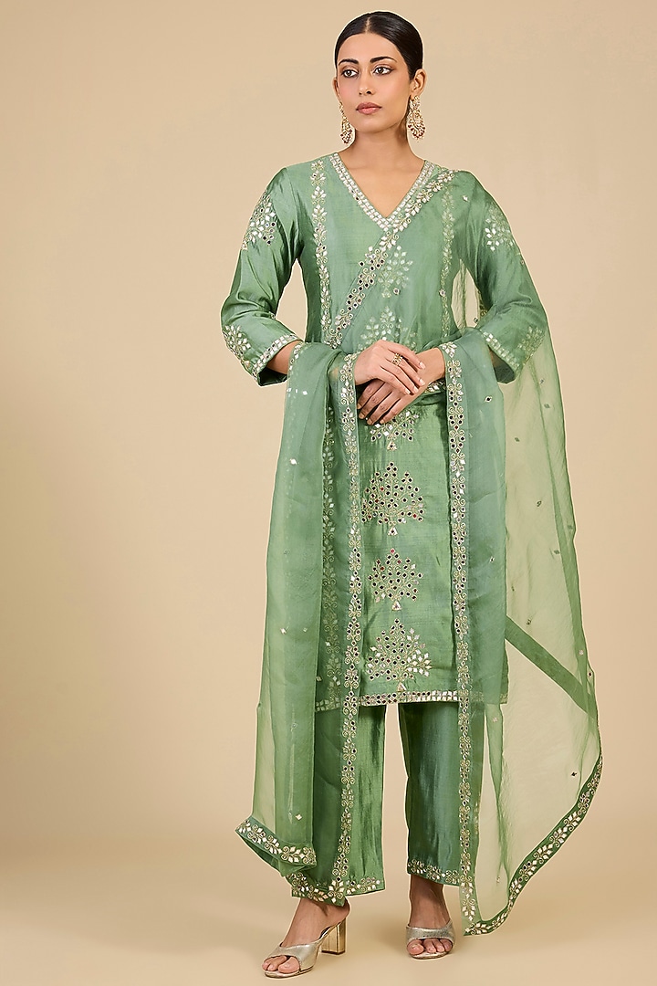 Powder Sage Green Spun Silk Mirror Embroidered Kurta Set by SURBHI SHAH at Pernia's Pop Up Shop