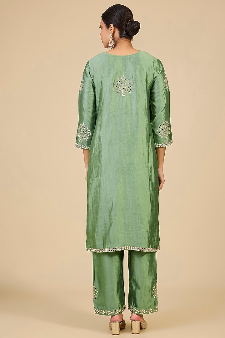 Powder Sage Green Spun Silk Mirror Embroidered Kurta Set by SURBHI SHAH at Pernia's Pop Up Shop