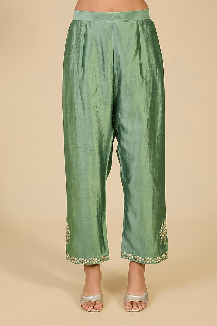 Powder Sage Green Spun Silk Mirror Embroidered Kurta Set by SURBHI SHAH at Pernia's Pop Up Shop