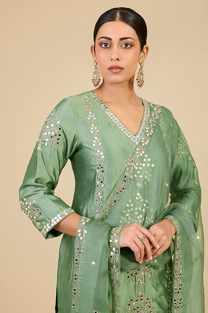 Powder Sage Green Spun Silk Mirror Embroidered Kurta Set by SURBHI SHAH at Pernia's Pop Up Shop