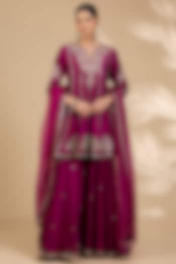 Berry Magenta Spun Silk Wedding Sharara Set by SURBHI SHAH at Pernia's Pop Up Shop