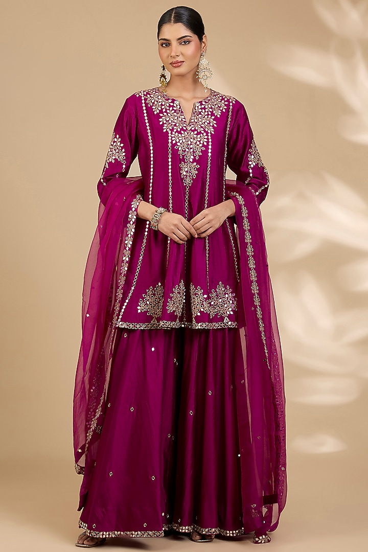 Berry Magenta Spun Silk Wedding Sharara Set by SURBHI SHAH at Pernia's Pop Up Shop