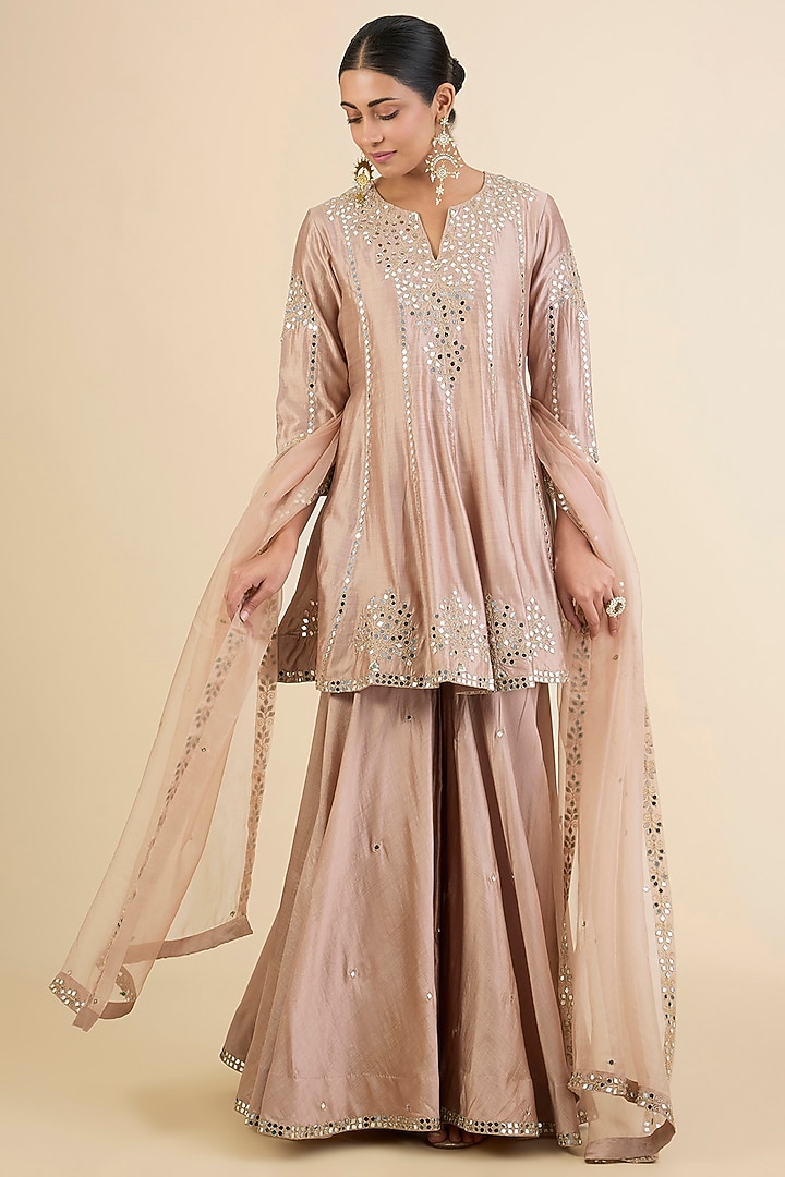 Biscuit Spun Silk Mirror Embroidered Wedding Sharara Set by Surbhi Shah at Pernia's Pop Up Shop