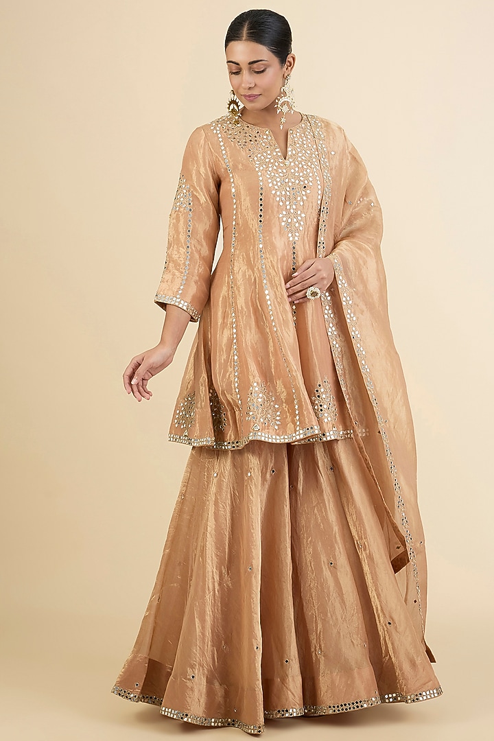 Golden Spun Silk Mirror Embroidered Bridal Sharara Set by Surbhi Shah at Pernia's Pop Up Shop