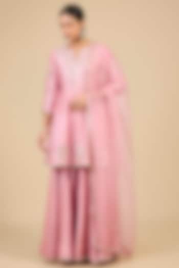 Raspberry Pink Spun Silk Mirror Embroidered Wedding Sharara Set by SURBHI SHAH at Pernia's Pop Up Shop