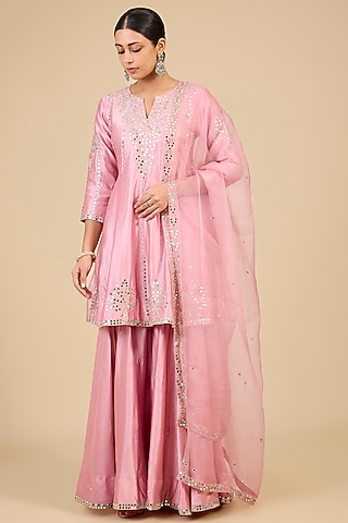 Raspberry Pink Spun Silk Mirror Embroidered Sharara Set by SURBHI SHAH