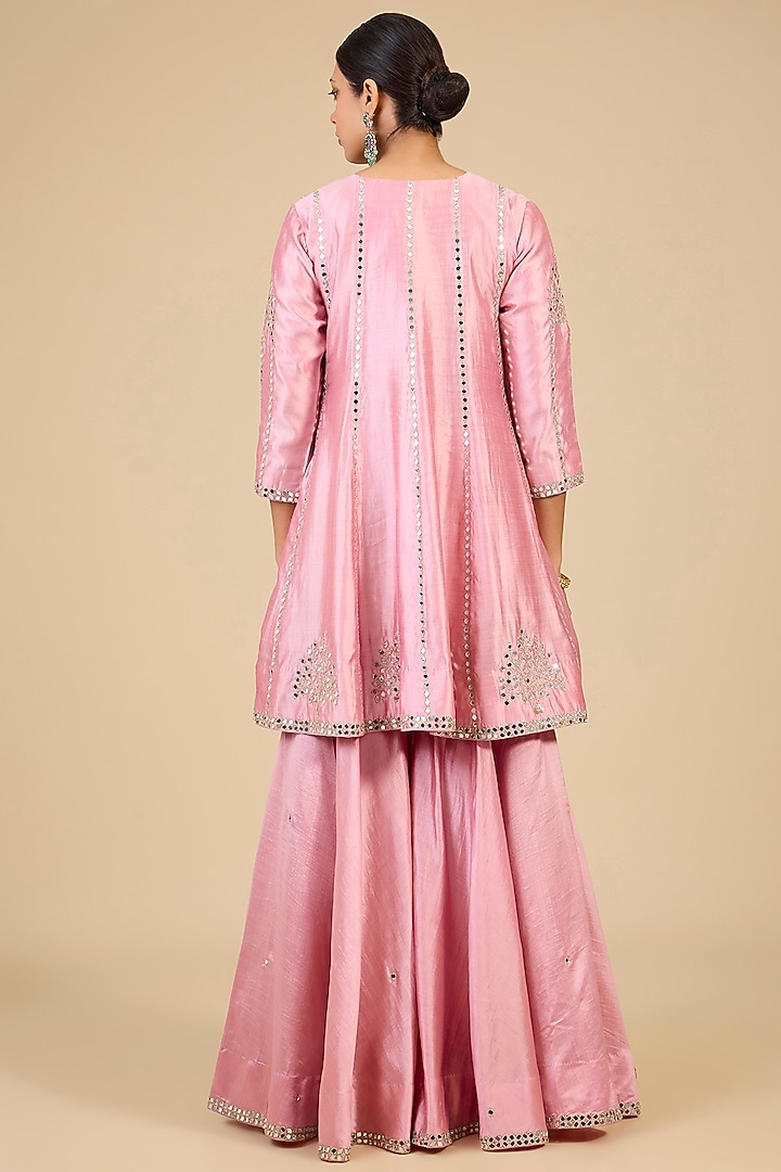 Raspberry Pink Spun Silk Mirror Embroidered Wedding Sharara Set by SURBHI SHAH at Pernia's Pop Up Shop