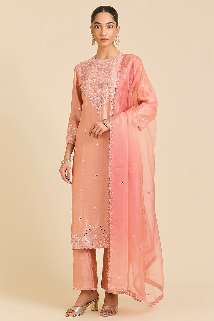 Old Rose Spun Silk Mirror Embroidered Kurta Set by SURBHI SHAH at Pernia's Pop Up Shop