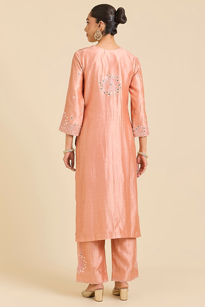 Old Rose Spun Silk Mirror Embroidered Kurta Set by SURBHI SHAH at Pernia's Pop Up Shop