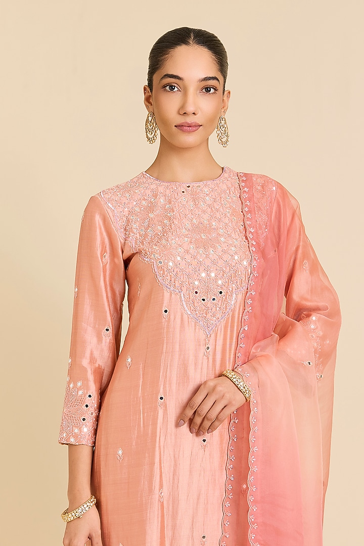 Old Rose Spun Silk Mirror Embroidered Kurta Set by SURBHI SHAH at Pernia's Pop Up Shop