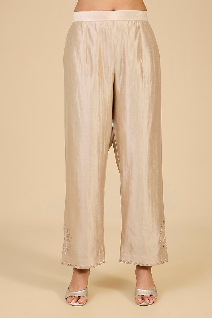 Champagne Spun Silk Mirror Embroidered Kurta Set by SURBHI SHAH at Pernia's Pop Up Shop