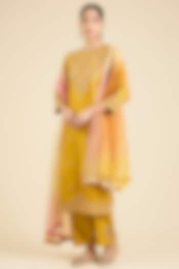 Mustard Spun Silk Embroidered Kurta Set by SURBHI SHAH at Pernia's Pop Up Shop