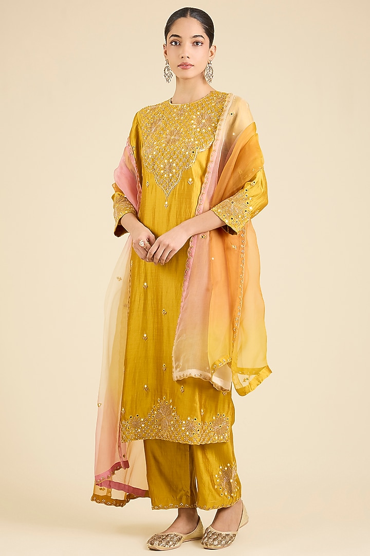 Mustard Spun Silk Embroidered Kurta Set by SURBHI SHAH at Pernia's Pop Up Shop