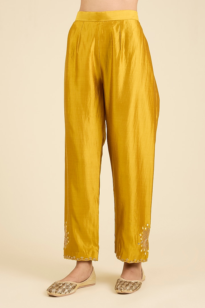 Mustard Spun Silk Embroidered Kurta Set by SURBHI SHAH at Pernia's Pop Up Shop