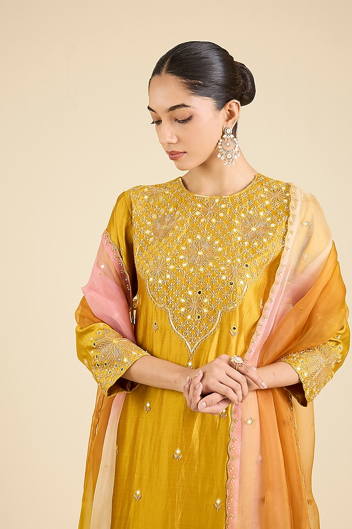 Mustard Spun Silk Embroidered Kurta Set by SURBHI SHAH at Pernia's Pop Up Shop