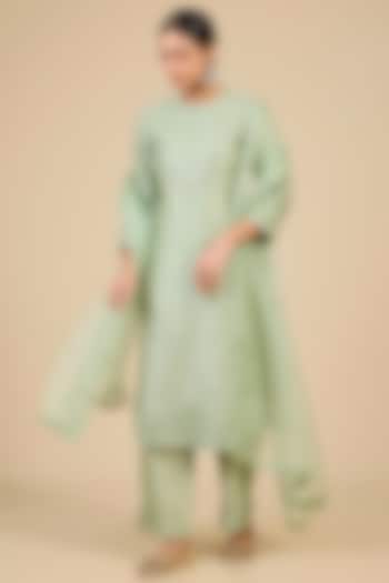 Pistachio Green Spun Silk Mirror Embroidered Kurta Set by SURBHI SHAH at Pernia's Pop Up Shop