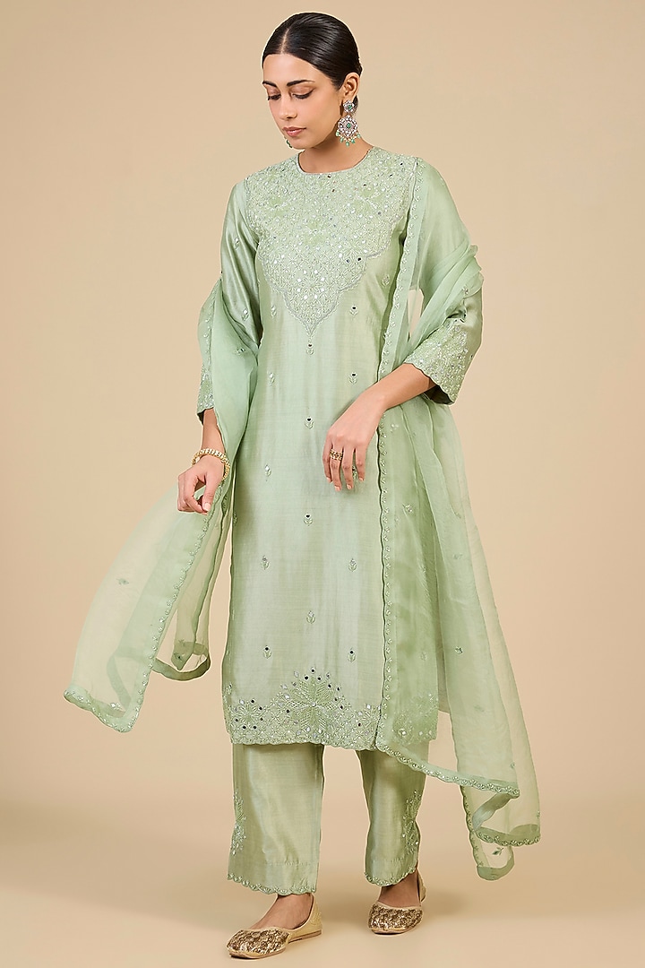 Pistachio Green Spun Silk Mirror Embroidered Kurta Set by SURBHI SHAH at Pernia's Pop Up Shop
