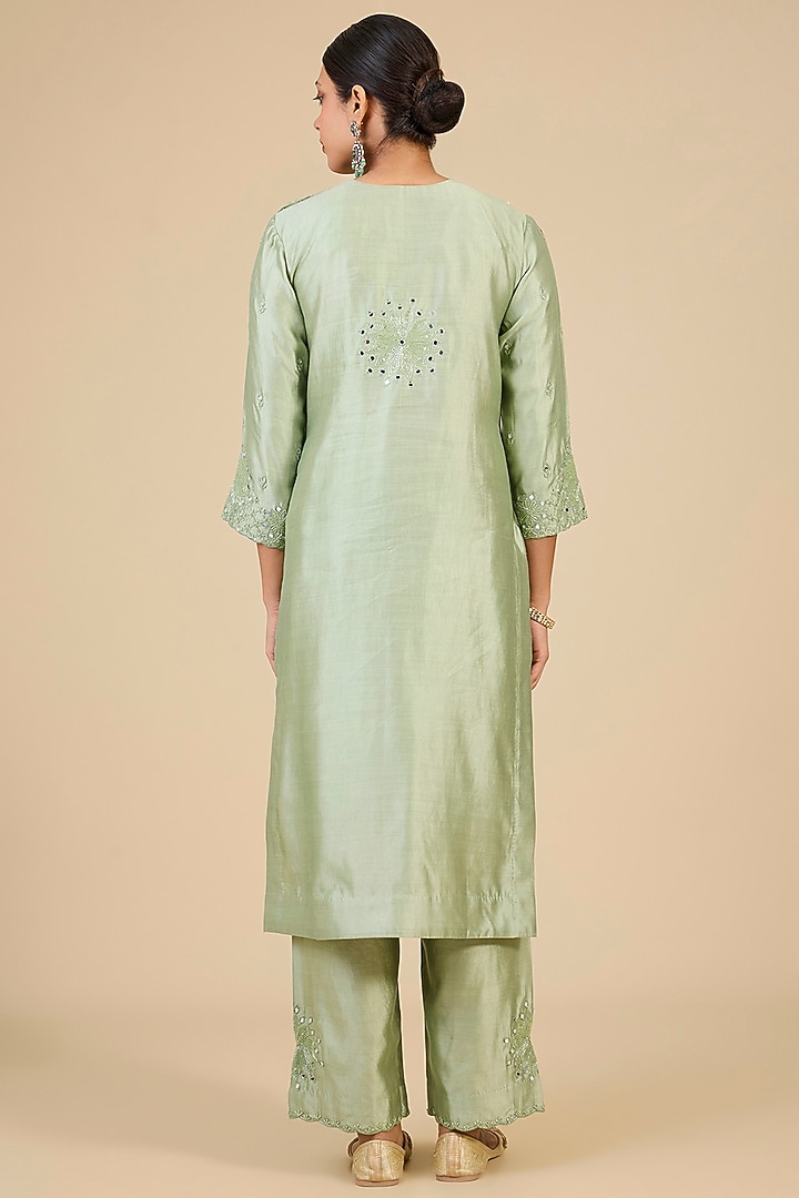 Pistachio Green Spun Silk Mirror Embroidered Kurta Set by SURBHI SHAH at Pernia's Pop Up Shop