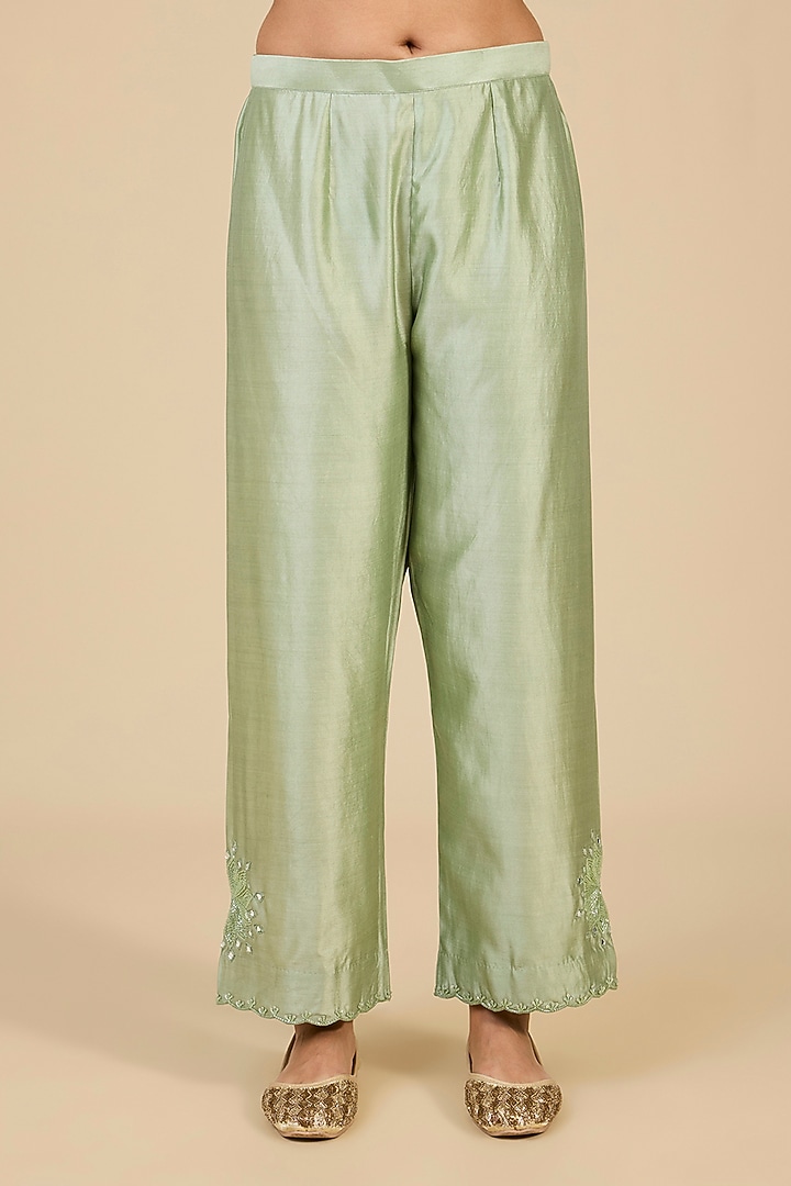 Pistachio Green Spun Silk Mirror Embroidered Kurta Set by SURBHI SHAH at Pernia's Pop Up Shop