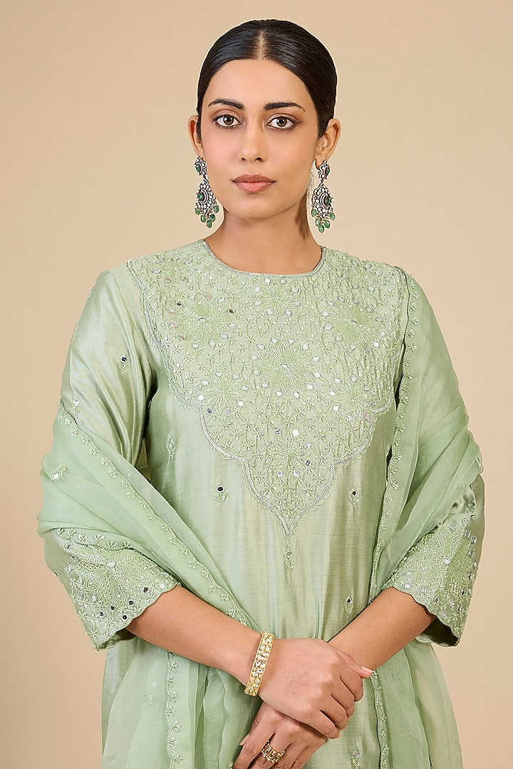 Pistachio Green Spun Silk Mirror Embroidered Kurta Set by SURBHI SHAH at Pernia's Pop Up Shop
