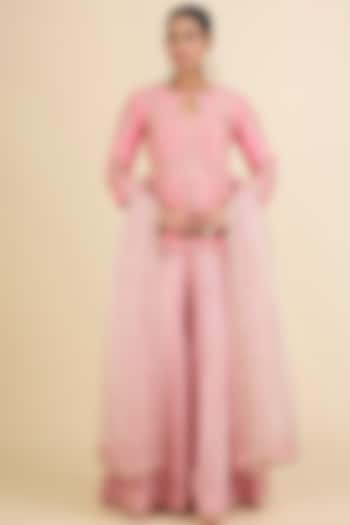 Raspberry Pink Spun Silk Mirror Embroidered Wedding Sharara Set by Surbhi Shah at Pernia's Pop Up Shop
